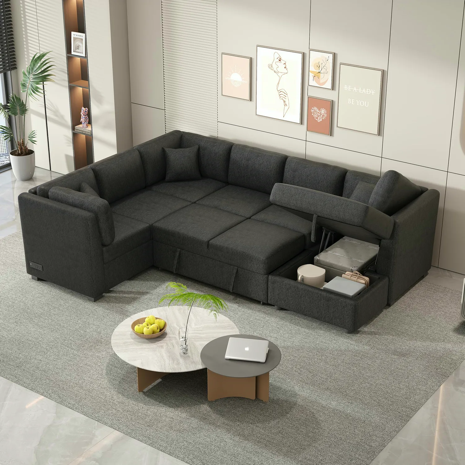 ERYE Storage Chenille U-Shaped Sleeper Sectional 108.6"