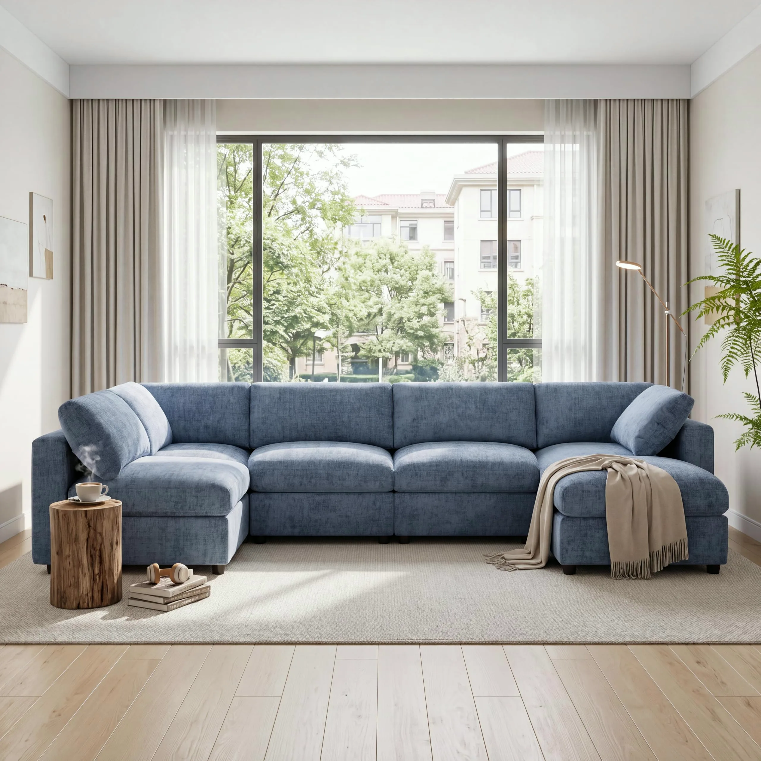 Blue chenille U-shaped cloud sectional facing a tall window in a sunny living room