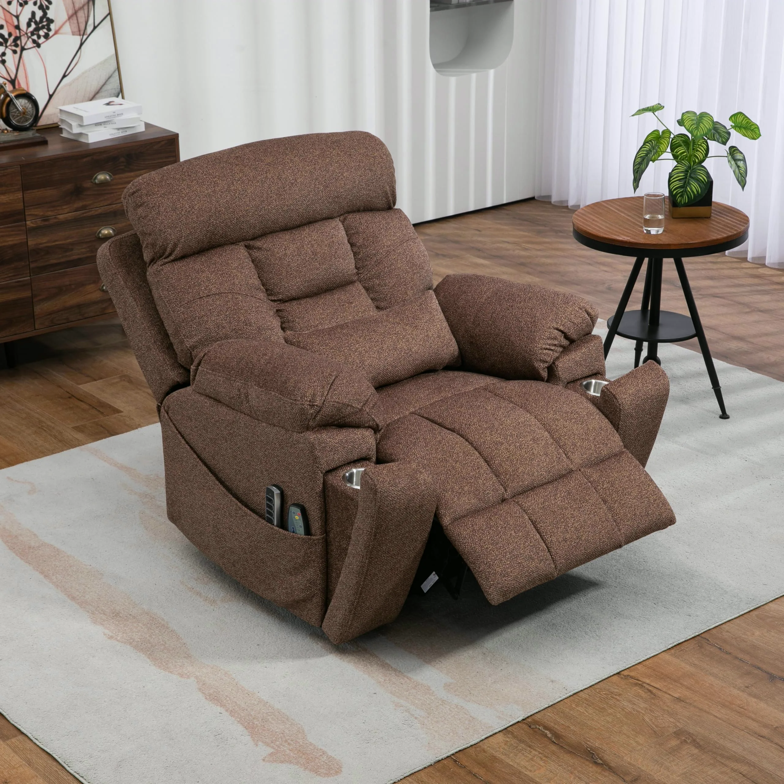 Brown fabric power lift recliner reclined with the footrest raised