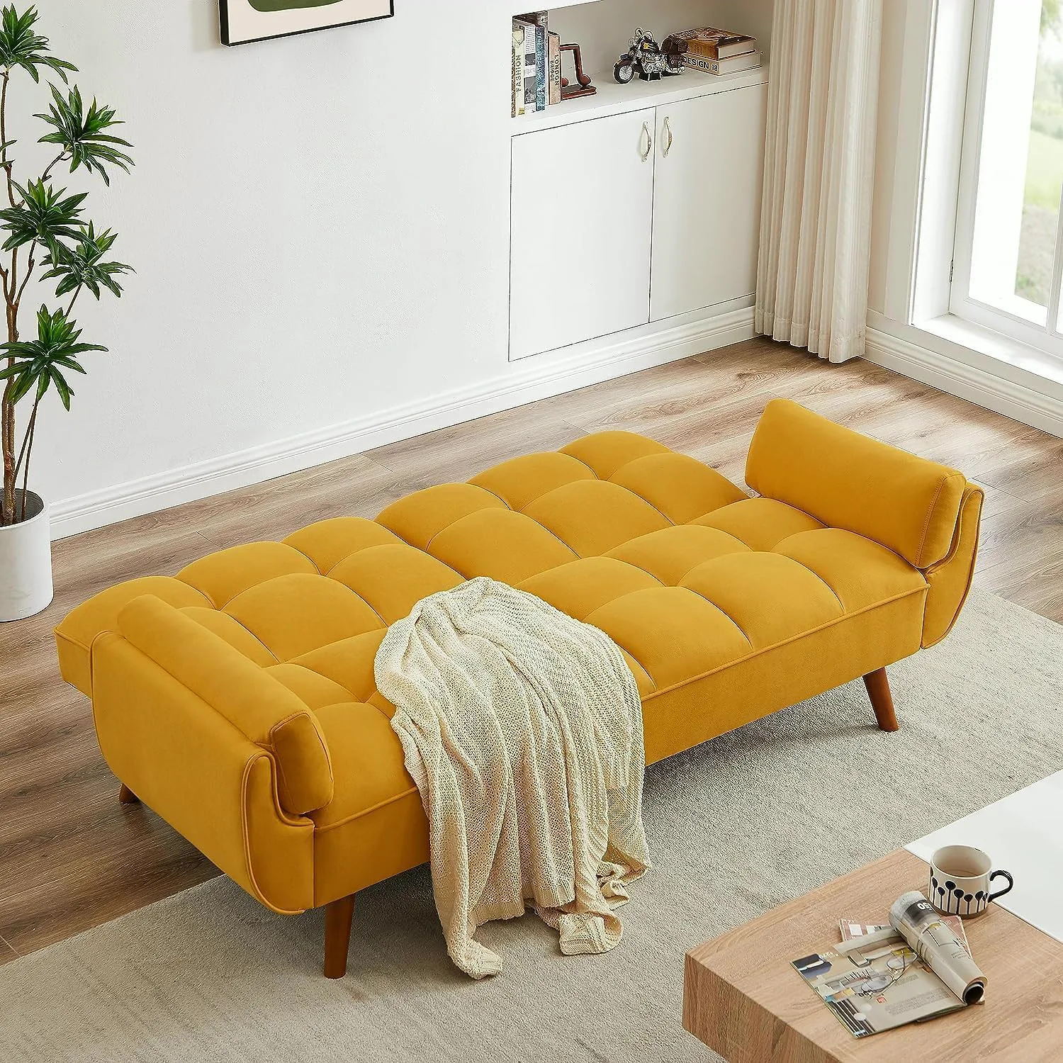ERYE Linen Blend Futon Sofa Bed 75.4" in Yellow