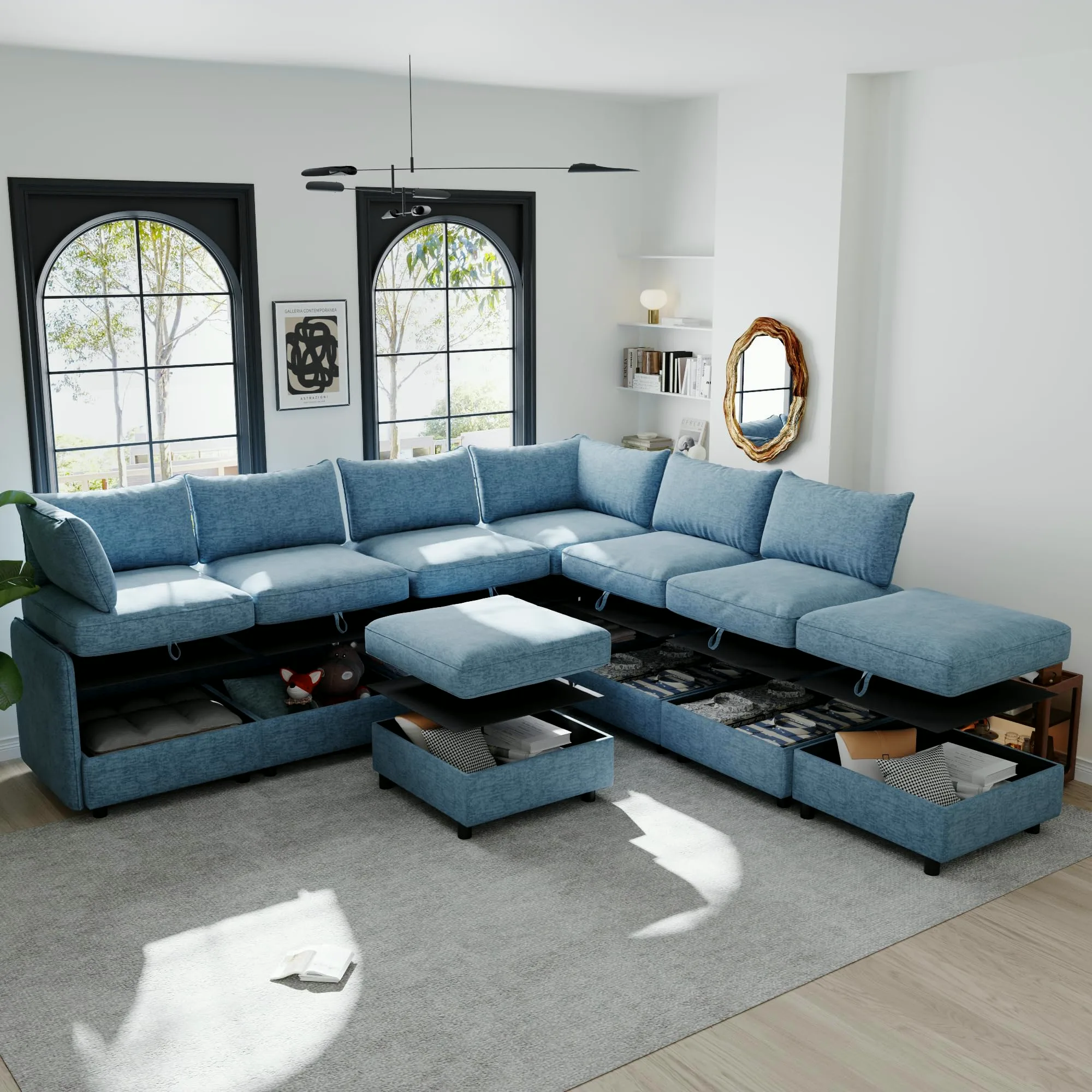 Blue chenille U-shaped sectional with the seat storage and the ottoman lid open