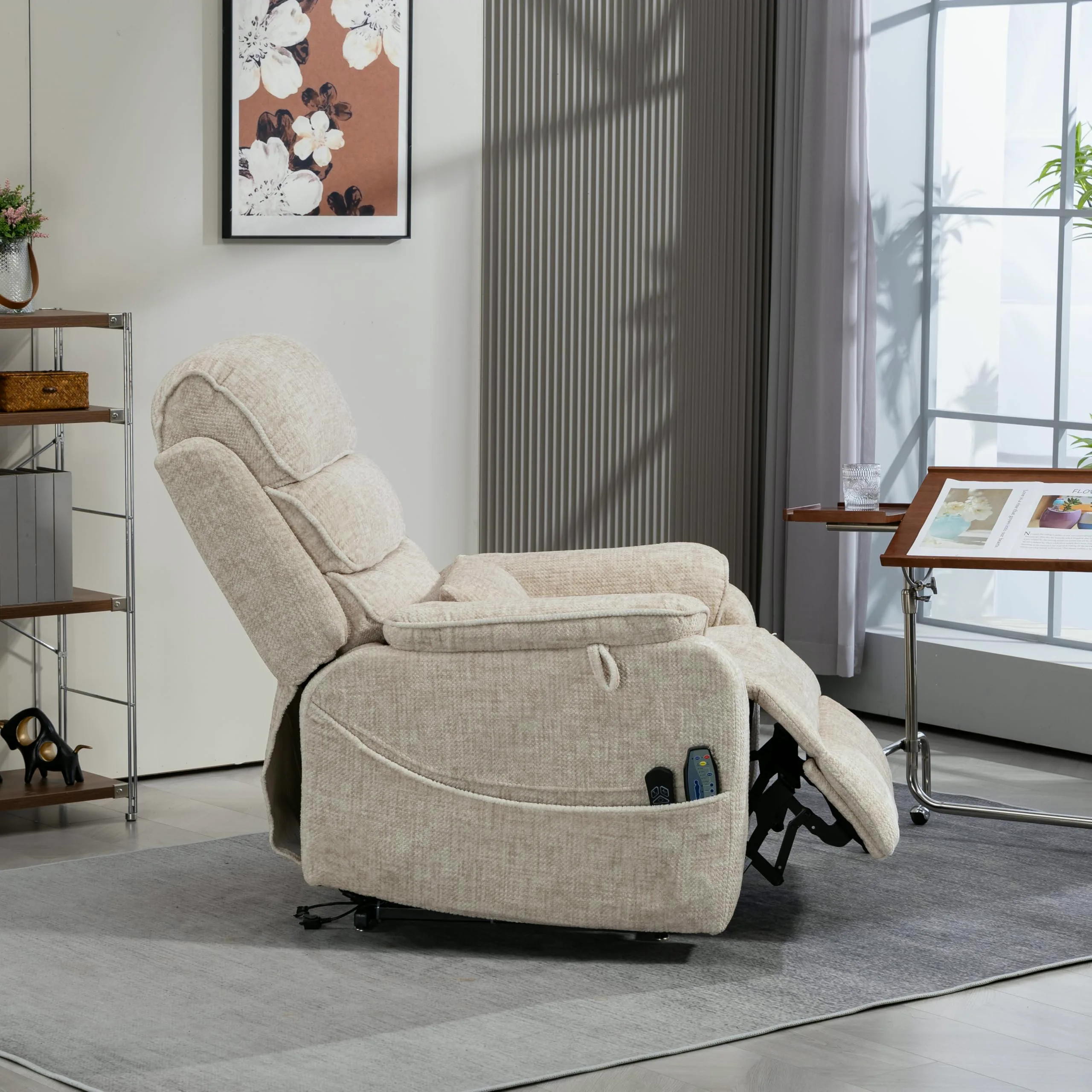Cream chenille power lift recliner reclined, seen from the side