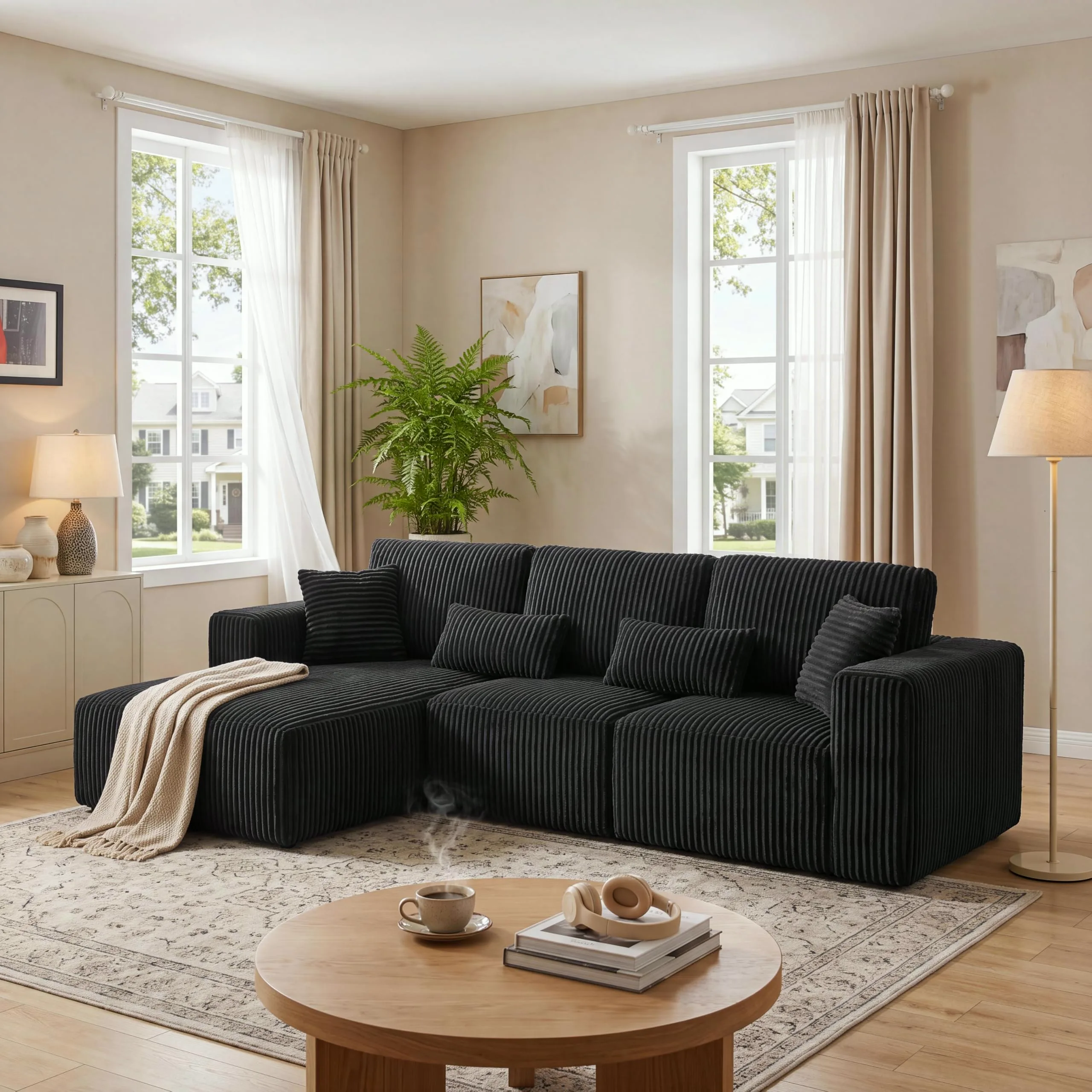Black corduroy L-shaped cloud sectional with a round coffee table and open floor in front