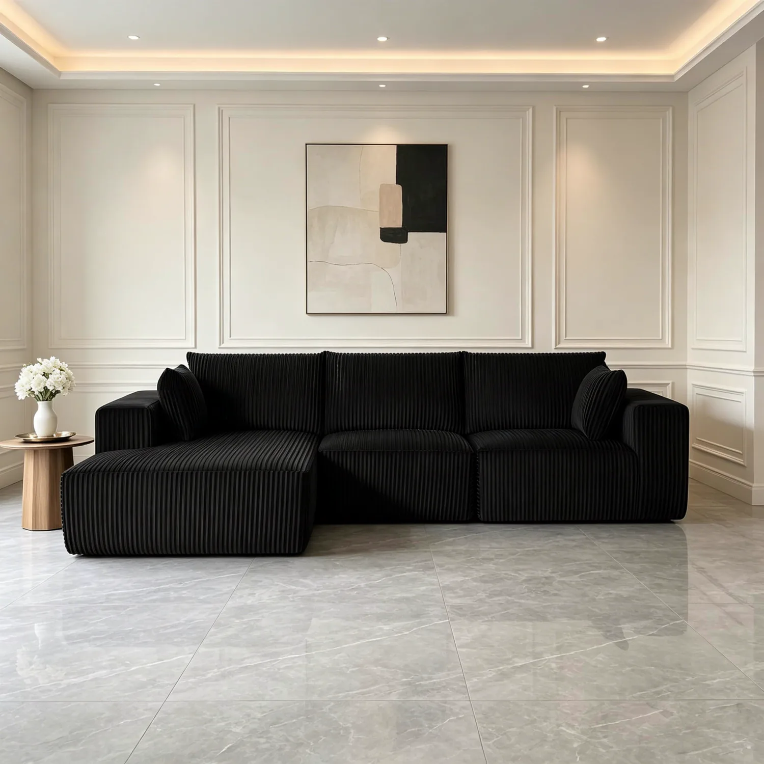 ERYE Corduroy L-Shaped Cloud Sectional in Black