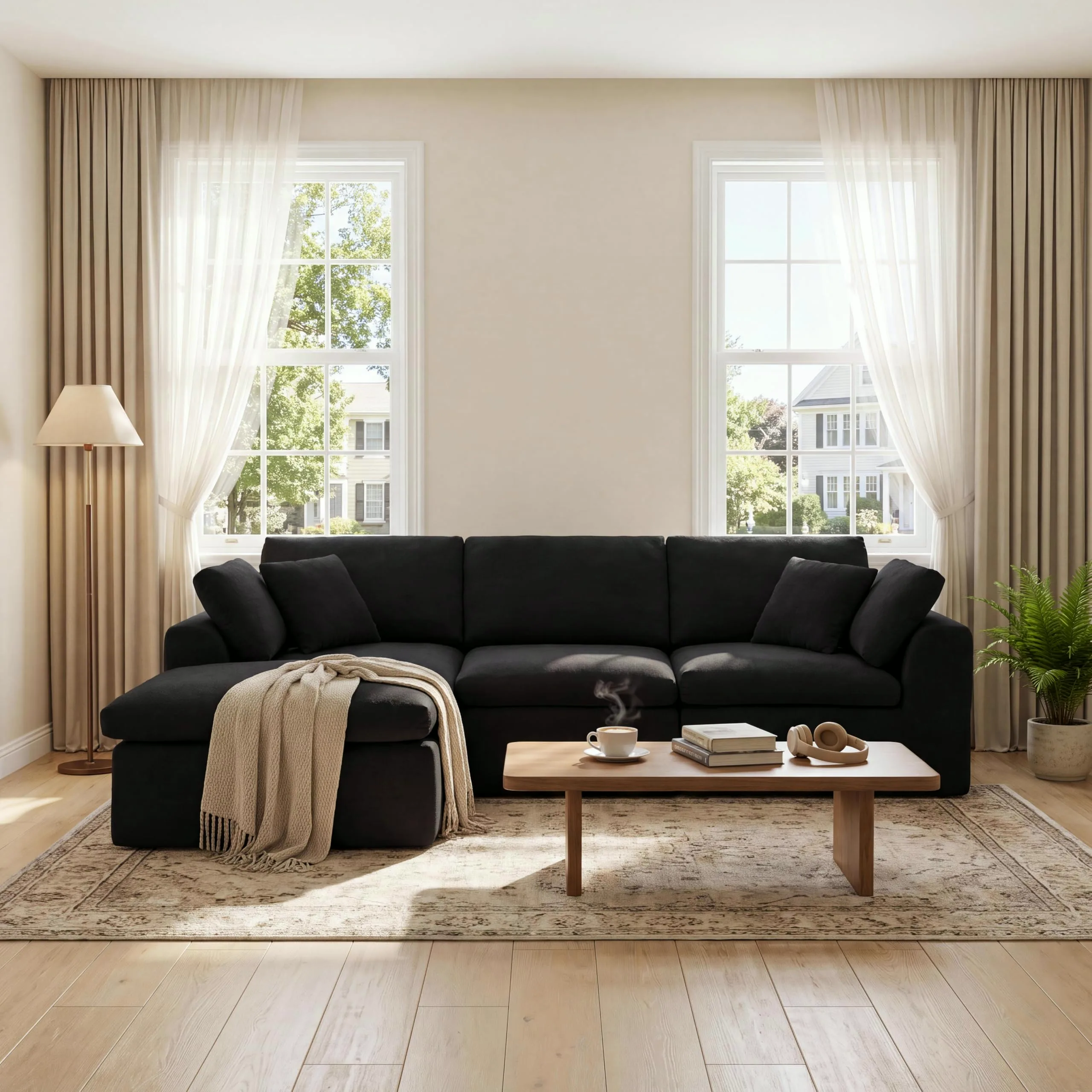 Black L-shaped cloud sectional with a chaise and a low wooden coffee table in a bright living room