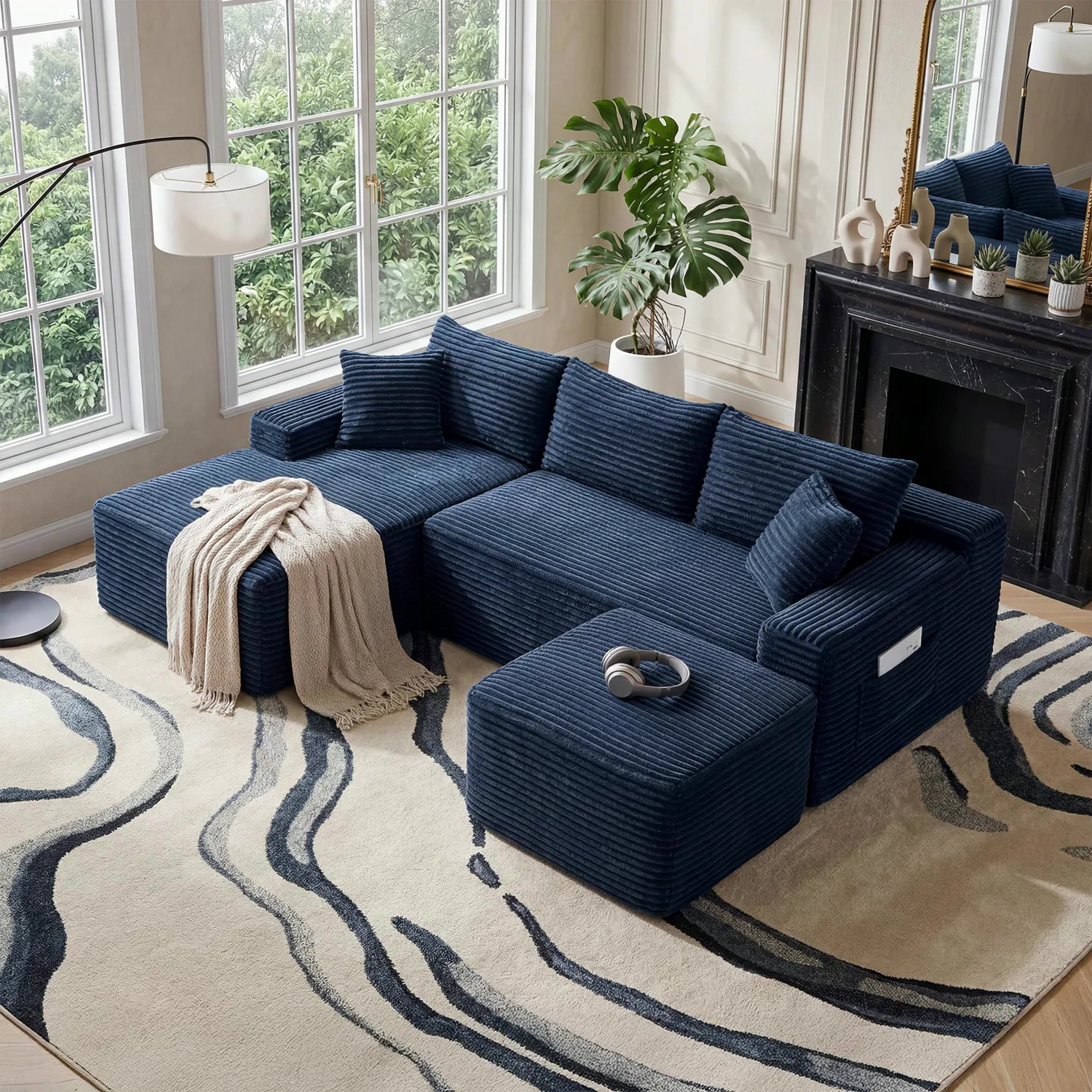 ERYE Corduroy L-Shaped Cloud Sectional with Ottoman