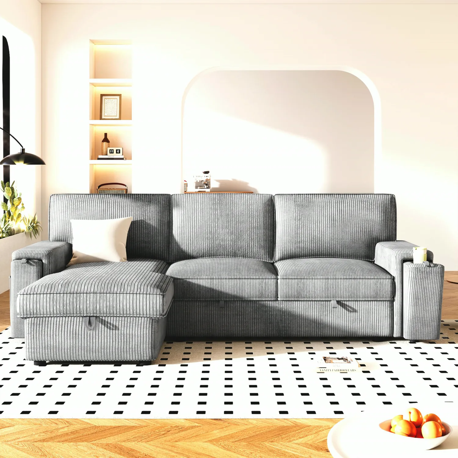 ERYE Storage Corduroy L-Shaped Sleeper Sectional 96.1"