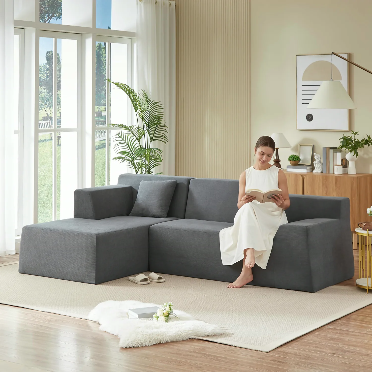 ERYE Floor Corduroy L-Shaped Cloud Sectional 96.5"