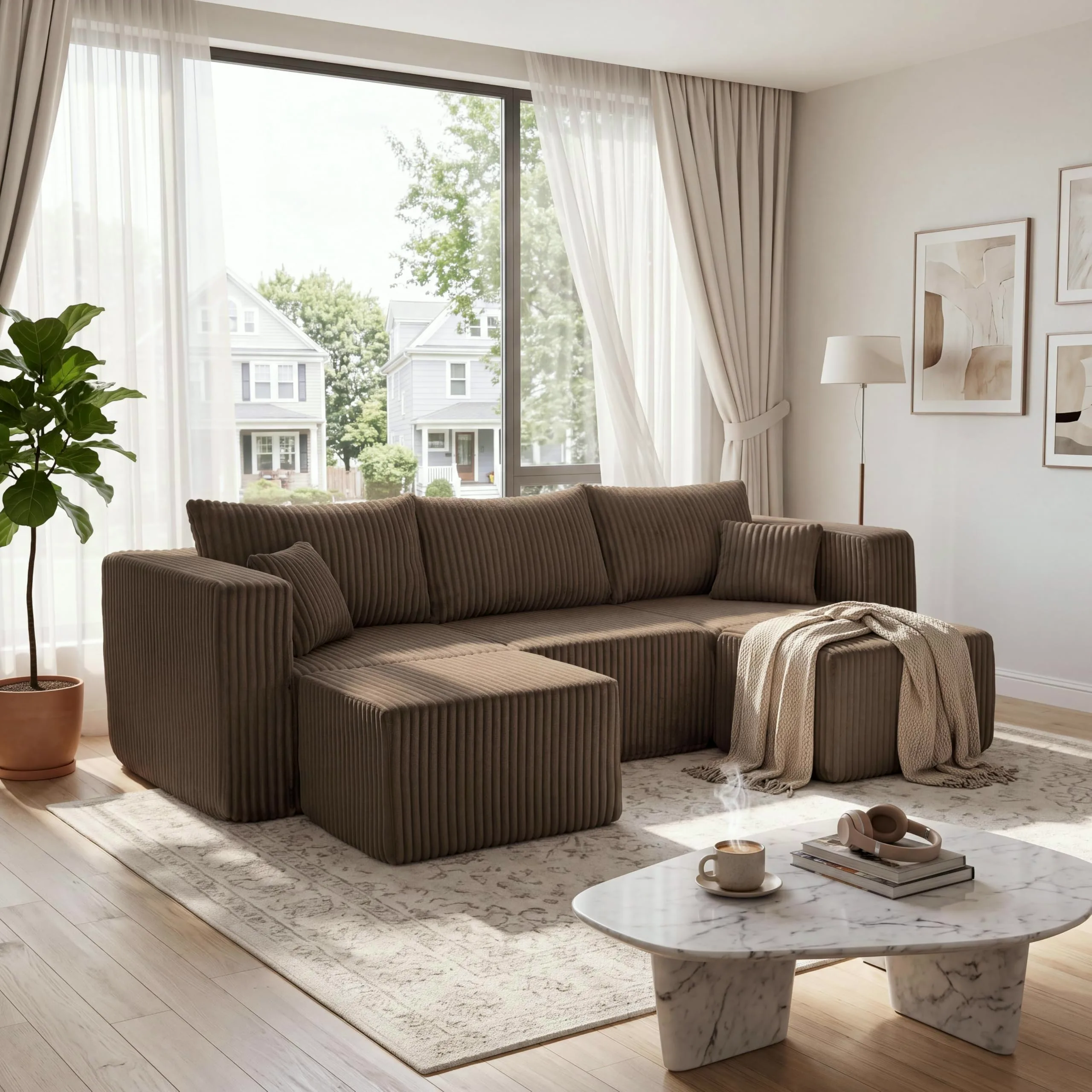 Brown corduroy U-shaped cloud sectional with two ottomans and a marble coffee table